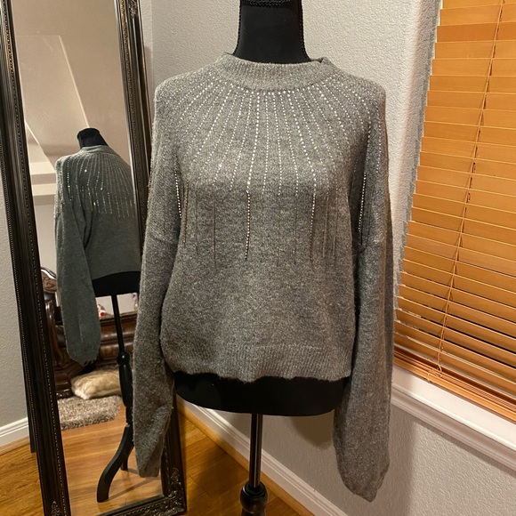 ZARA Ladies Embellished Hi-Neck Gray Sweater - Picture 1 of 5